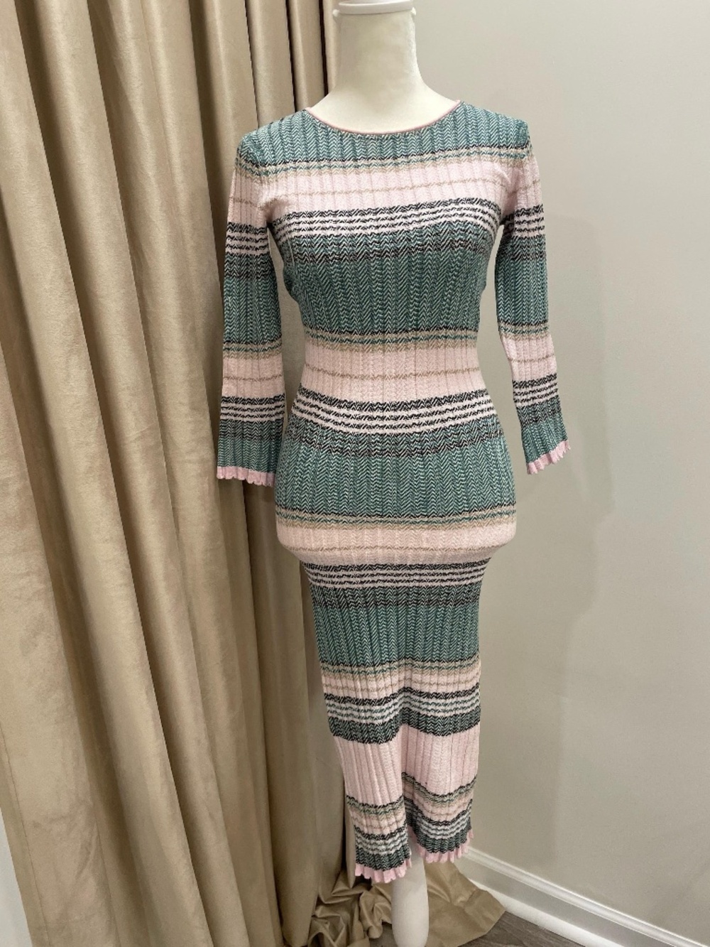 PINKO Italy Striped Chevron Ribbed Knit Midi Dress XS Teal Pink Like New